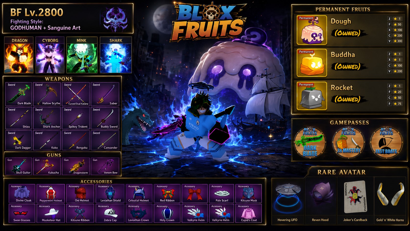 BF เลเวล2800 | หมัดSanguine Art+Godhuman | ผลถาวร : โมจิ+พระ | เกมพาส : โยรุ,มาส,เรือ | เผ่าเทียร์10 มังกร,ฉลาม,กระต่าย,ไซบอร์ก | ค่าหัว8M,เสกเจ้าทะเลได้ | มี Hovering UFO